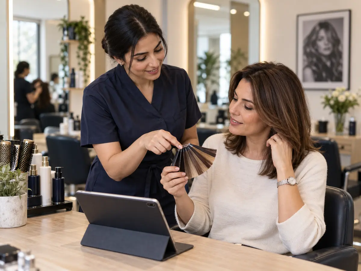 Profesional de peluquería que comenta opciones de color con una clienta junto a una tableta