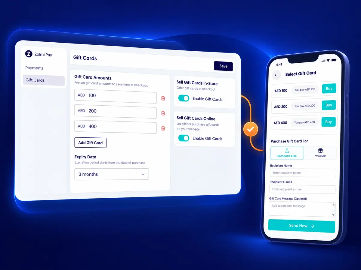 Ajustes de tarjetas regalo de Zolmi para configurar importes, caducidad y venta online