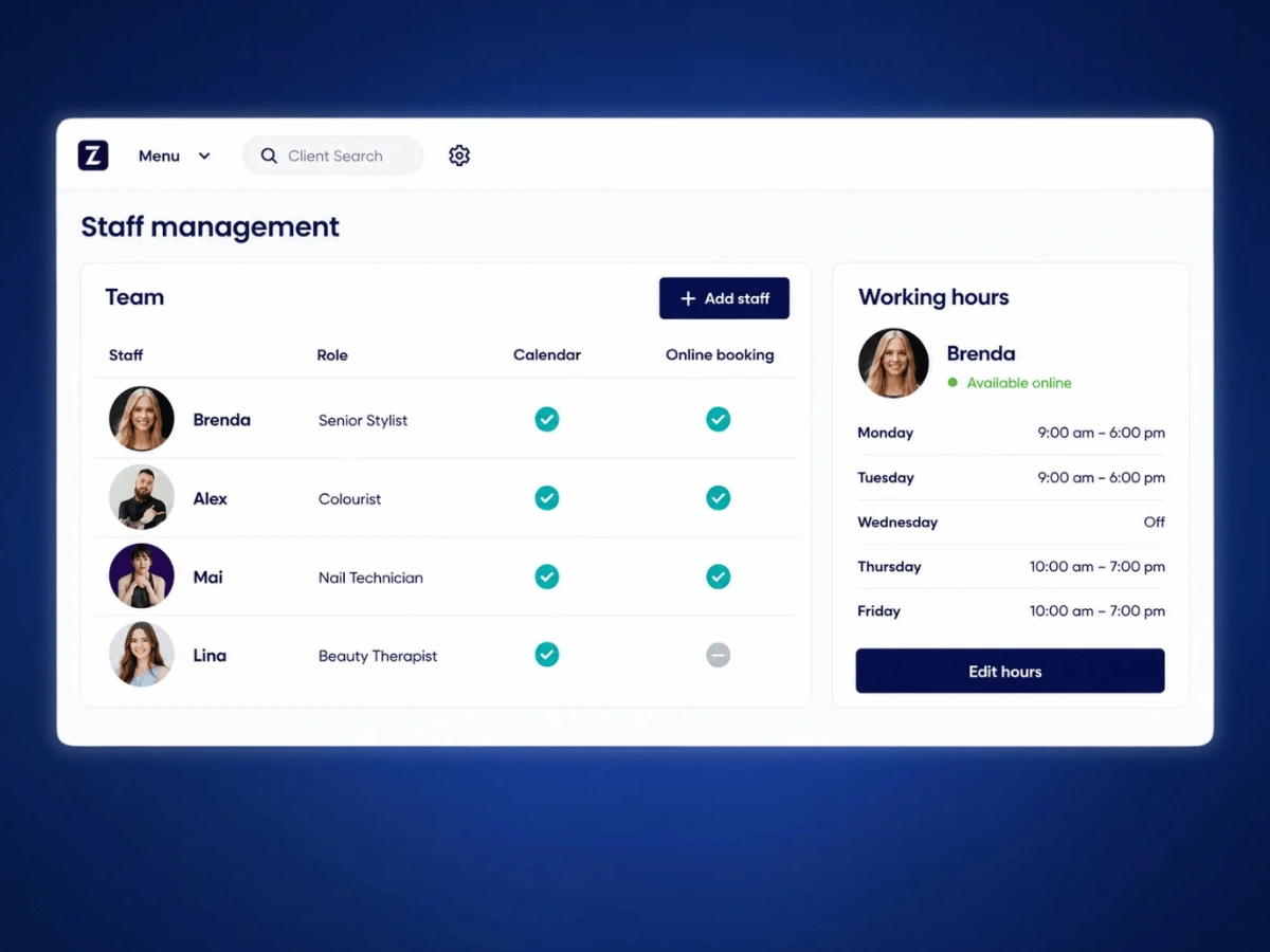 Vista de gestión del equipo en Zolmi con funciones, disponibilidad para reservas online y horarios de trabajo