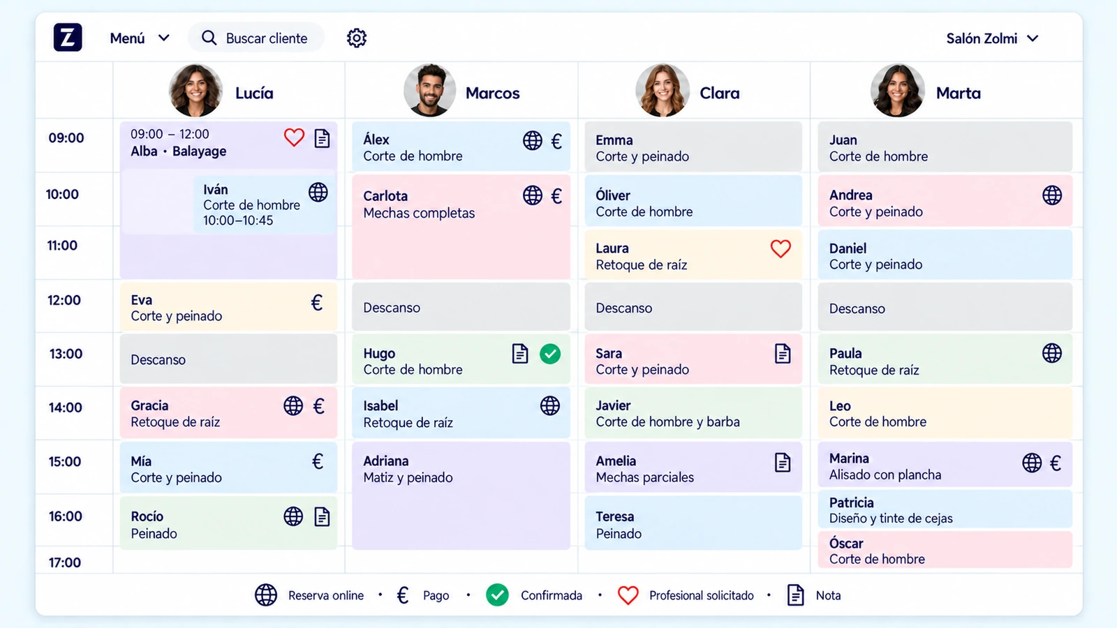 Agenda de Zolmi con citas, servicios y profesionales del salón.