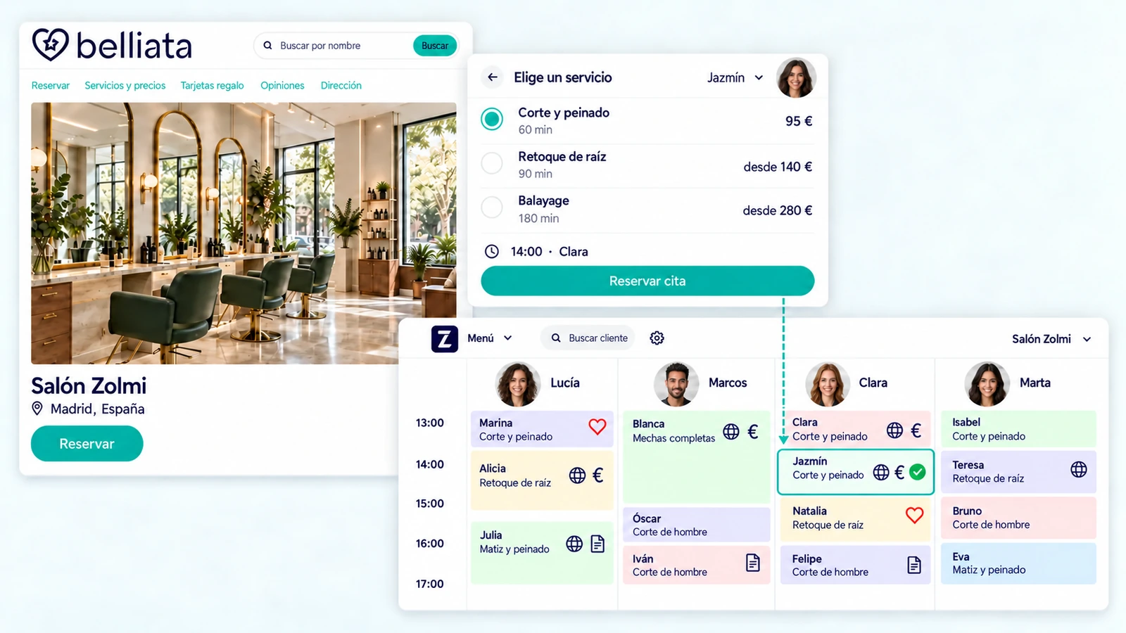 Reserva online en Belliata con precios en euros y cita añadida a la agenda de Zolmi.