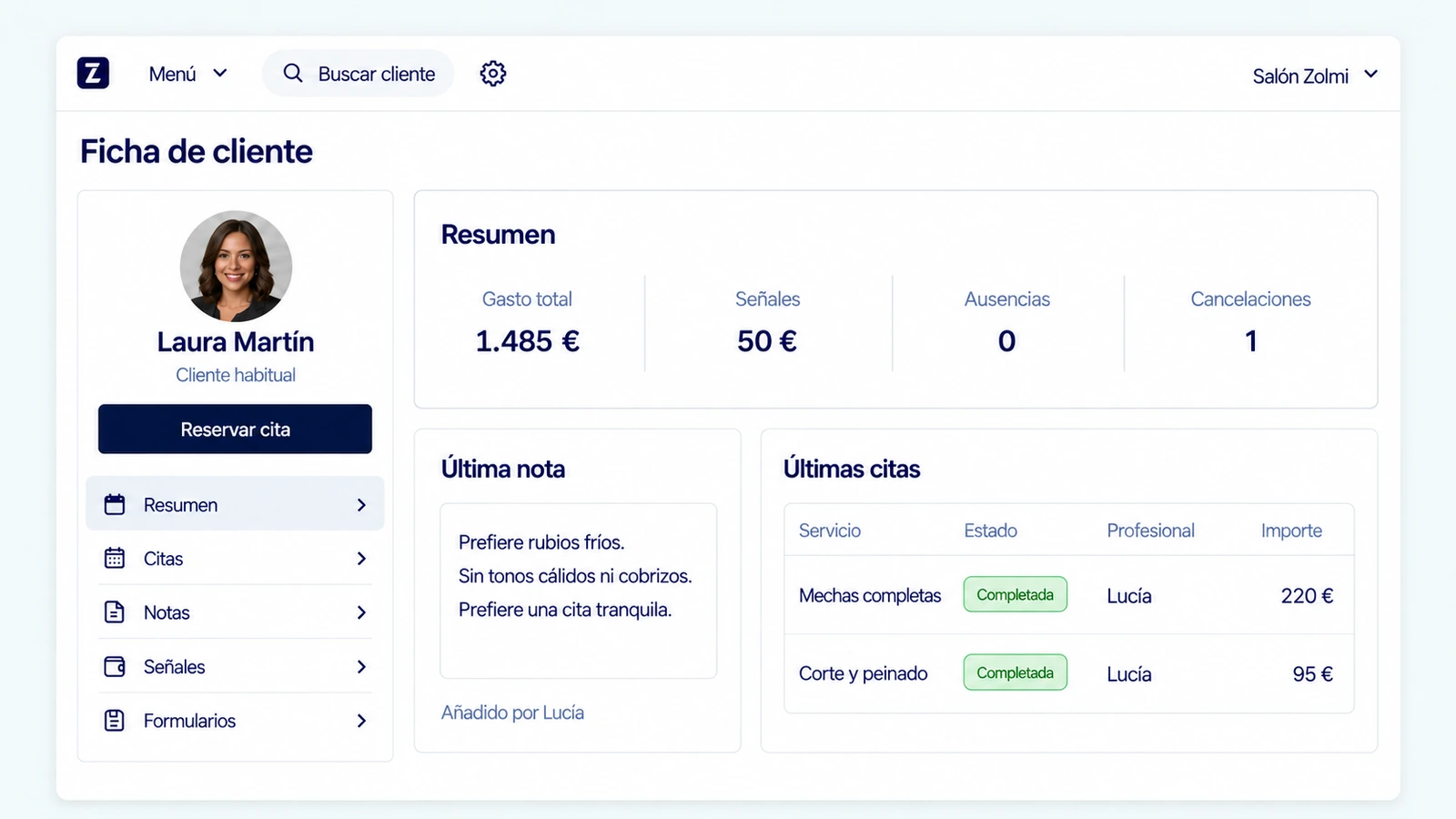 Ficha de cliente con historial de citas, notas y resumen de datos.