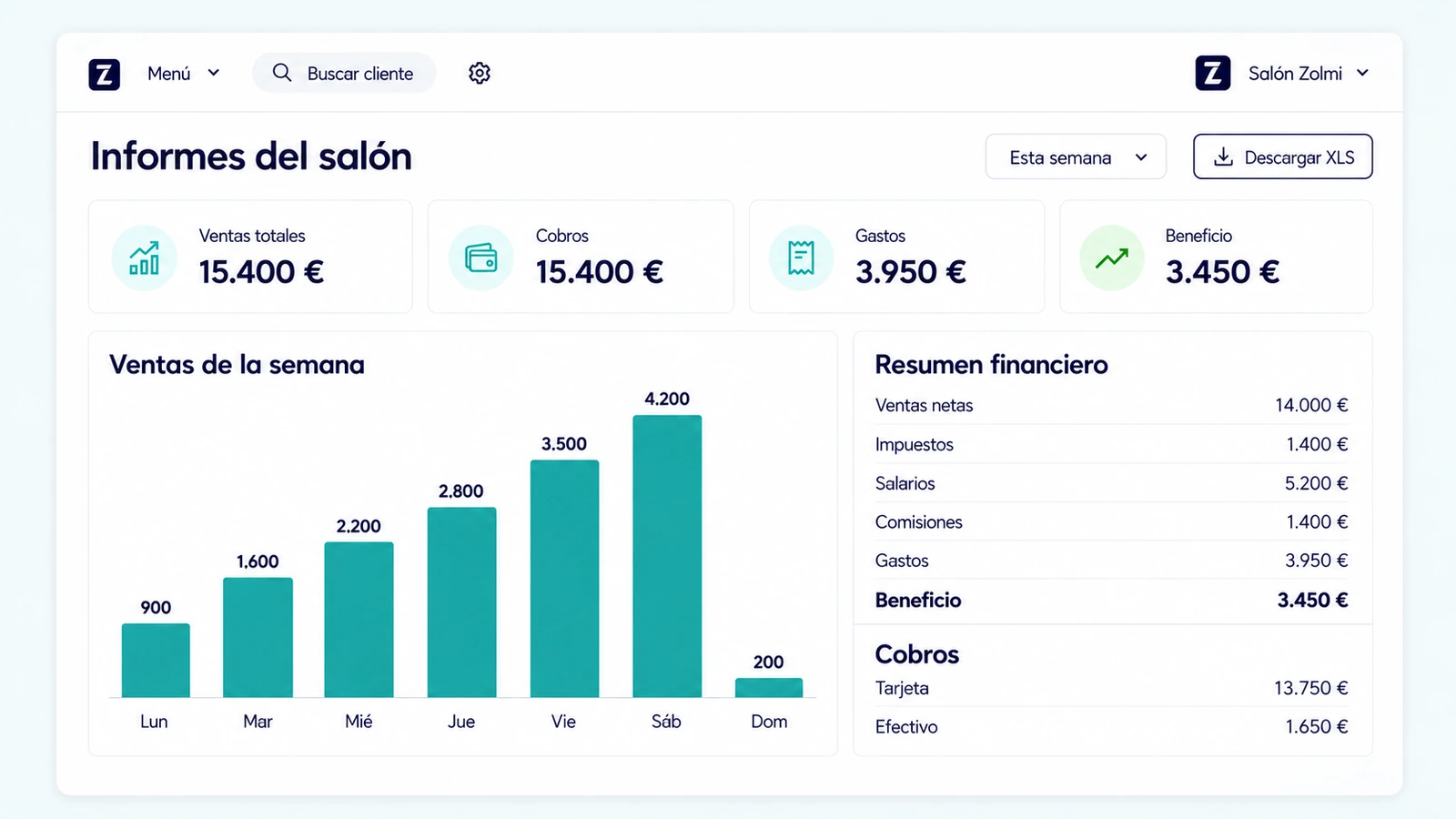 Informe del salón con ingresos, pagos, beneficio y cifras mensuales en dólares estadounidenses.