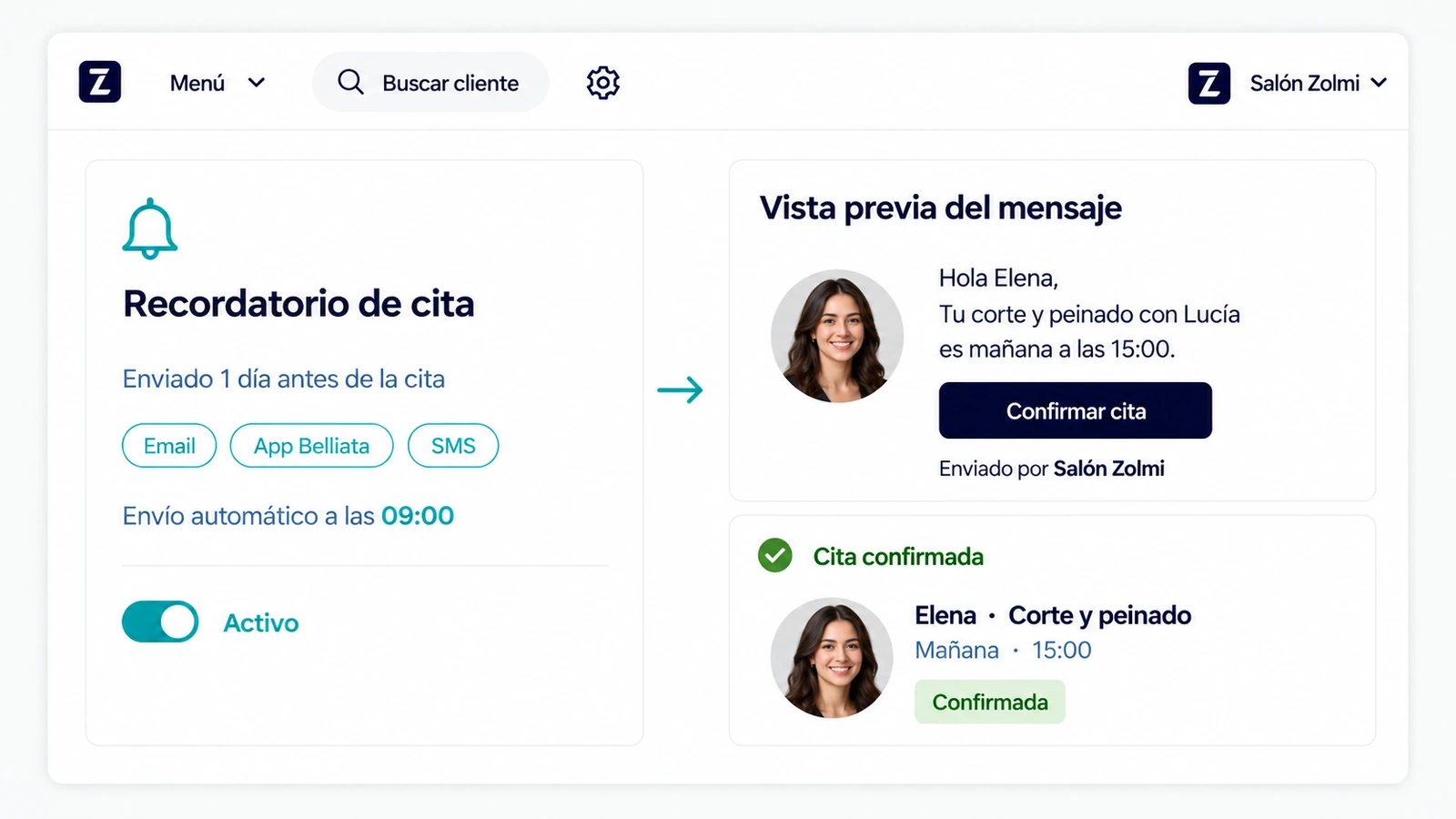 Recordatorio de cita por email, app Belliata o SMS y confirmación del cliente.