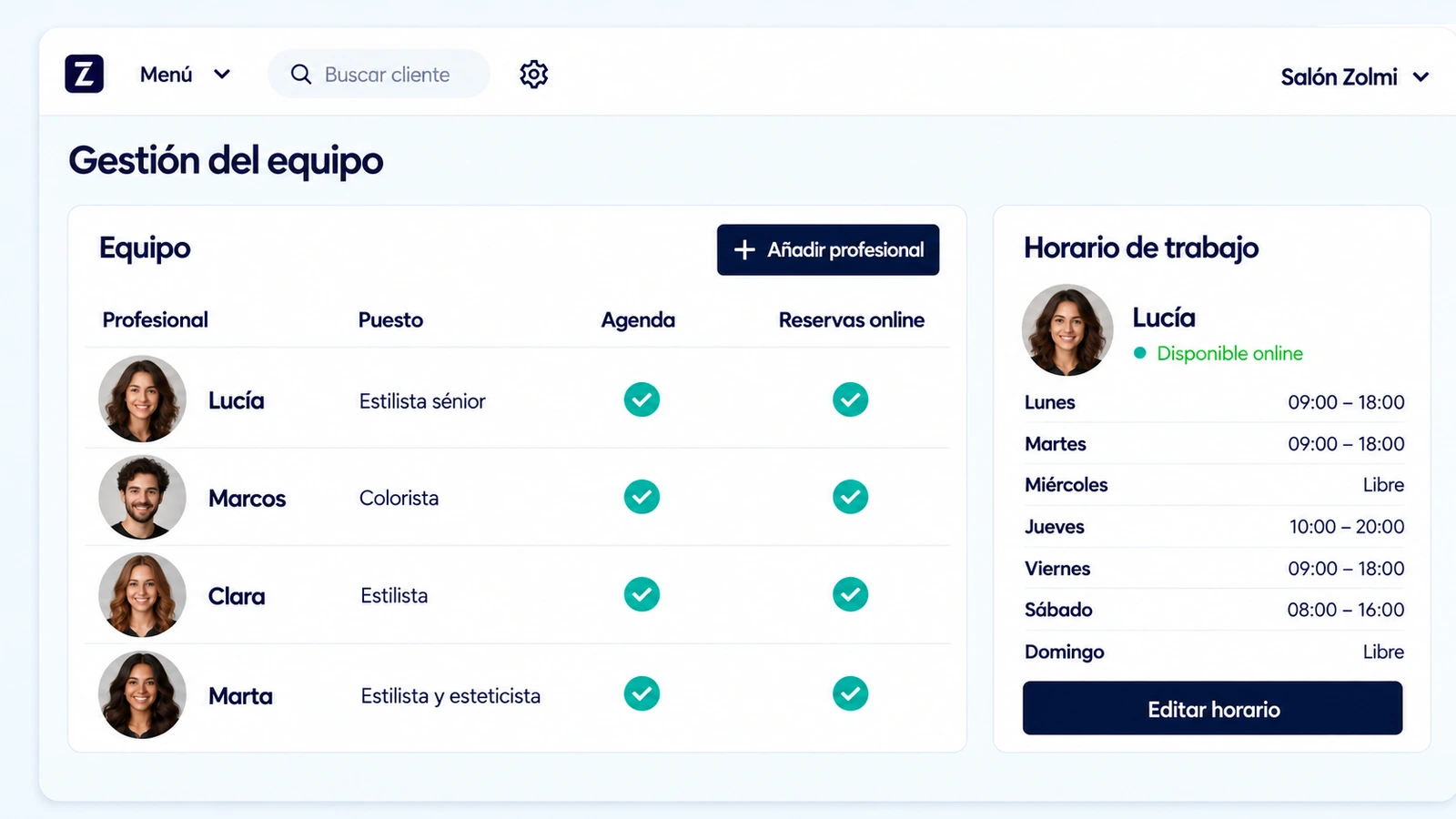 Gestión del equipo con puestos, reservas online y horarios de trabajo.