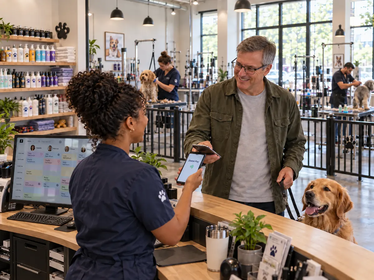 Un cliente paga con Zolmi Pay en la recepción de una peluquería canina, con la zona de peluquería visible al fondo.