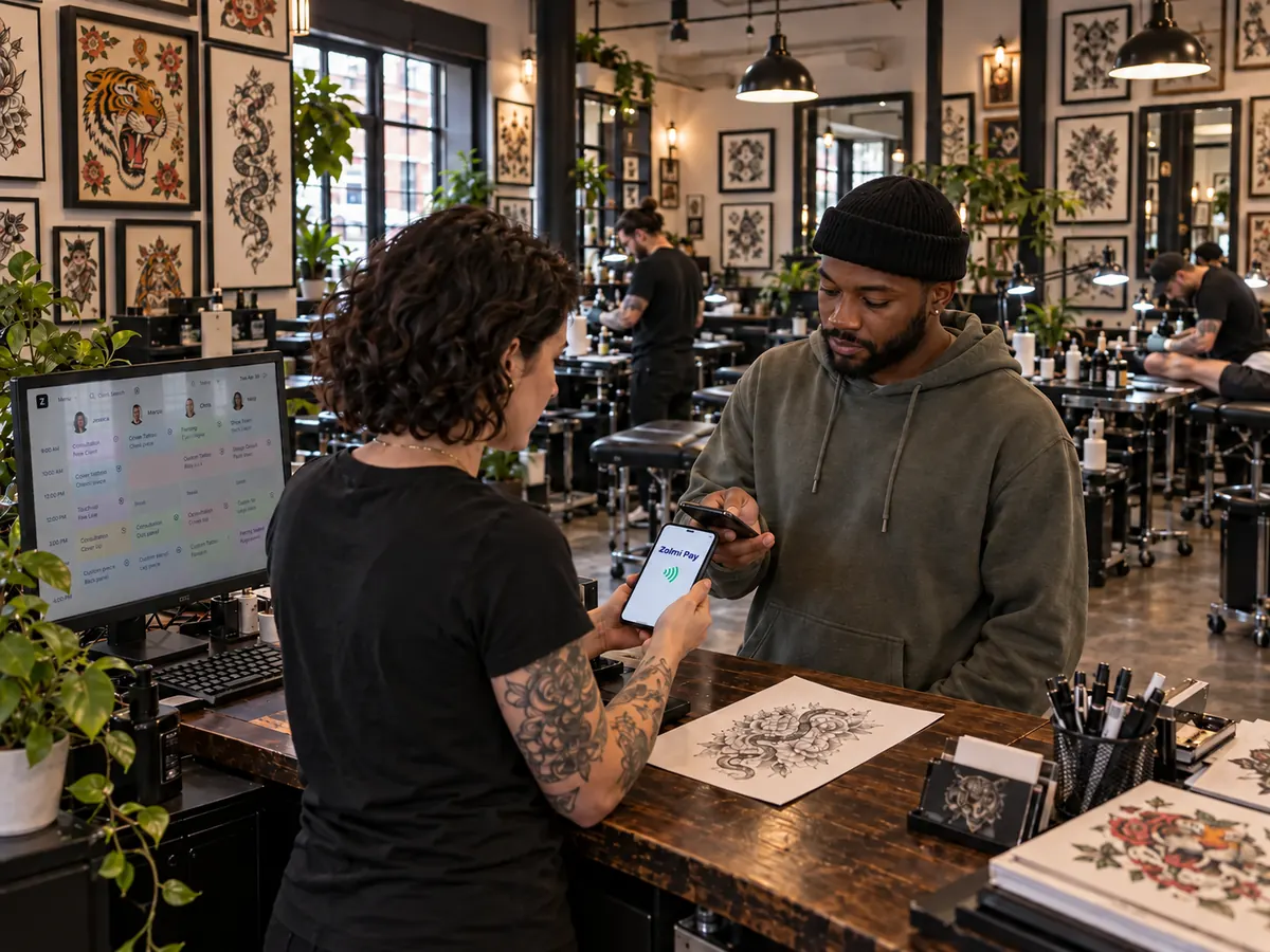 Un cliente acerca el móvil para pagar con Zolmi Pay mientras los tatuadores trabajan al fondo del estudio.